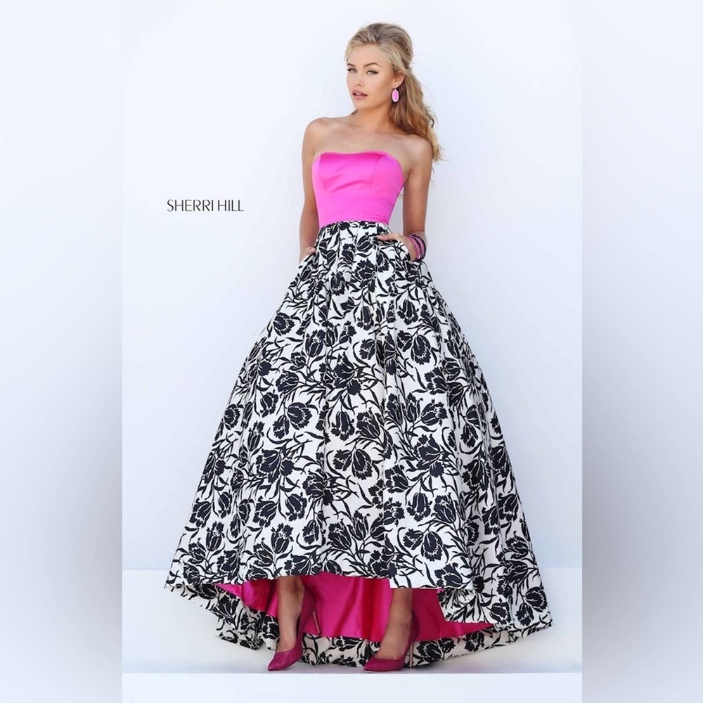 Sherri Hill Hot Pink Strapless Ball Gown with Black & White Floral Skirt
